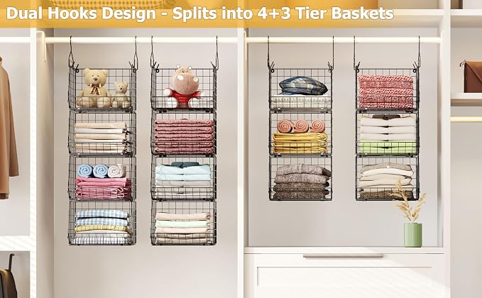 X-cosrack 7 Tier Foldable Hanging Closet Organizer and Storage,Wire Closet Shelving with 4 Large Hooks+ 5 S Hooks,Hanging Basket for Clothes Sweaters Shoes Handbags,Small Closet Organizers - Image 8