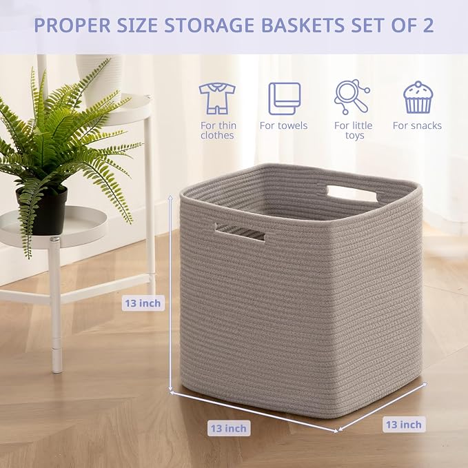 OIAHOMY 2 PACK Cube Storage Bin 13 Inch Collapsible Storage Cube Grey | Cube Storage Organizer Storage Bins for Shelves Baskets for Organizing Woven Rope Storage Baskets - Image 2