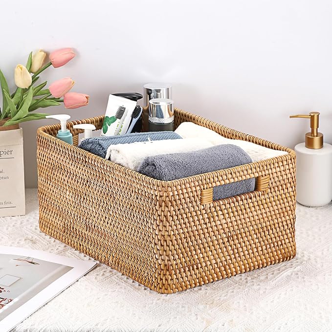 Hipiwe Rattan Wicker Storage Basket for Shelf Organizer, Large 15"x11"x7.1" | Handwoven Decorative Basket Bin with Build-in Handles, Natural Rectanguar Wardrobe Home Organizer - Image 4