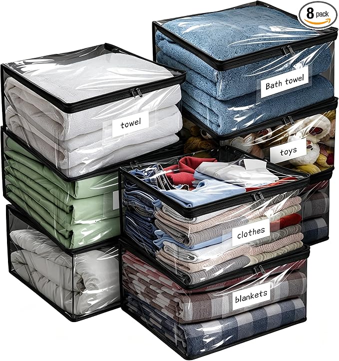 Plastic Storage Bags with Easy-Glide Zipper, Pack of 8, Durable Clear Vinyl Zippered Storage Bags for Clothes Sweaters Comforters Blankets Sheets Bedding (18 x 15 x 9 Inch, Transparent Black) by Kikerike