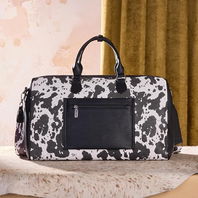 Wrangler Rustler Wildside Cow-Print Weekender Duffel Bag Large Carry On Bags with Tassels, Black - Image 3