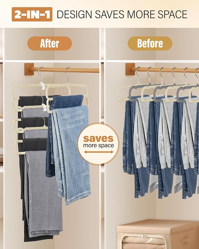 10 Pack Velvet Pants Hangers Space Saving, Non Slip 2-Layer Hanger (Beige) | Heavy Duty Flocked Trouser Hangers,pants organizer for closet with Swivel Hook, Felt Jean Hangers for Women and Men - Image 4