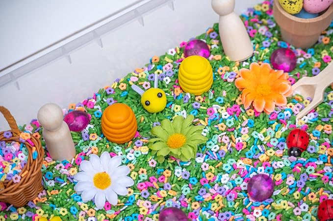 Spring Flower Sensory Bin Kit for Kids | Green Rice, Felt Bees, Wooden Eggs & Ladybugs, Floral Accessories & Wooden Tools – Includes Clear Storage Bin - Image 2