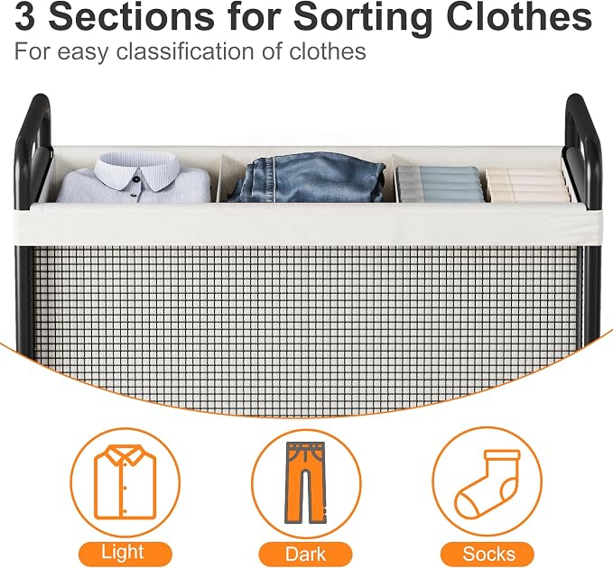 WOWLIVE Rolling Laundry Hamper 3 Section, 120L Laundry Basket with Wheels | Laundry Sorter with Metal Handle and Removable Bag, Clothes Hamper for Laundry Room, Bathroom and Dorm, Beige - Image 5