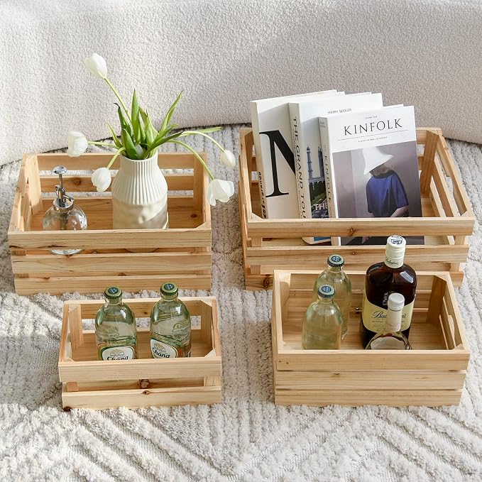 Large Wooden Crates Unfinished Set of 4 Decorative Storage Box with Handles, Rustic Farmhouse Wooden Crates for Display, Living Room Container Basket Box for Kitchen, Pantry, Bedroom - Image 3