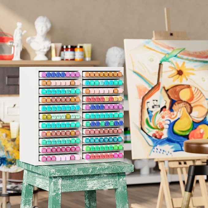 YMYNY Wooden Marker Organizer Desktop Storage White11.81x5.31x11.81 HMR001W | Hold 176 Markers,Pens,Pencils,Art Brushes Stationary Organizer Pencil Holder with 22 Compartments for Home,Classroom - Image 7