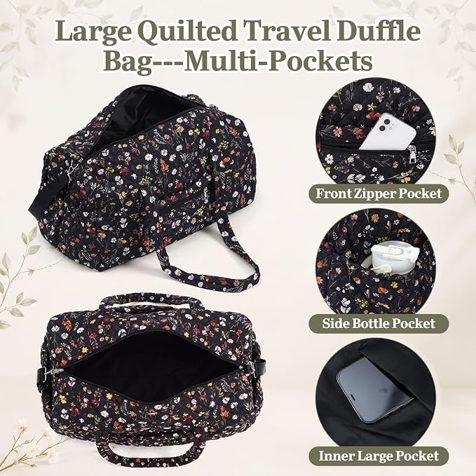 Dansydaisy Quilted Weekender Bag for Women with Makeup Pouch, Black Floral | Large Duffle Bag, Trolley Compartment & Zipper Pocket, Adjustable Carry Strap, for Mommy Dancers Travel Gym Hospital - Image 3