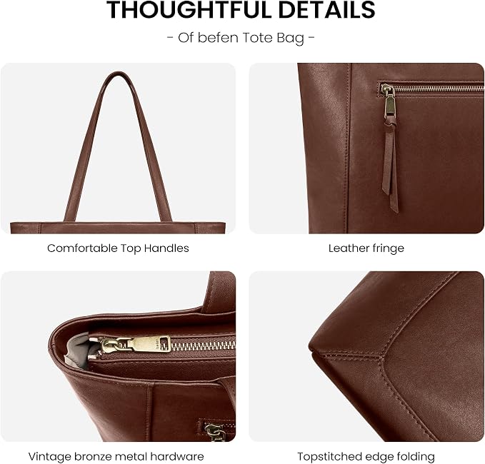 befen Genuine Leather Tote Bag for Women, Large Work Tote Bag with Zipper Leather Purse and Handbags with 15.6" Compartment - Image 6