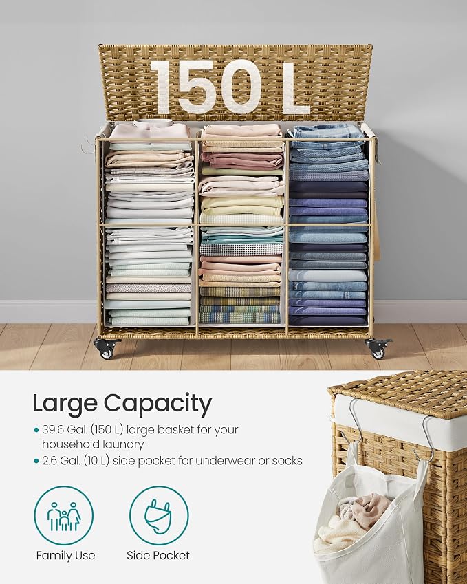 SONGMICS Laundry Hamper with Lid, 42.3 Gallons (160 L), Rolling Laundry Basket with Wheels, 3-Section Synthetic Rattan, Removable Liner, Bedroom, 29.9 x 13 x 26 Inches, Natural ULCB365N01 - Image 7
