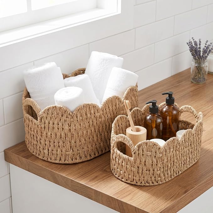iEGrow Paper Rope Scalloped Basket, Set of 2 Woven Storage Wicker Baskets with Handle for Organizing and Shelves, Cute Boho Oval Baby Baskets for Decor, Towel, Toys, Nursery, Book, Gift Natural - Image 6