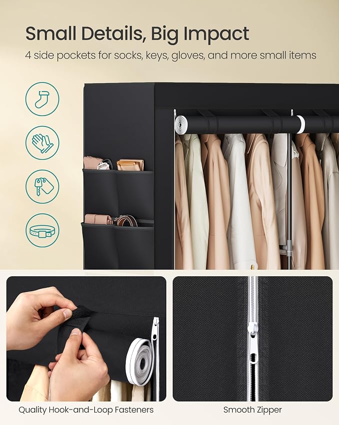 SONGMICS Portable Closet with Cover, 2 Hanging Rods and Shelves | Wardrobe Closet Organizer, 4 Side Pockets, 33.9 x 17.7 x 65.7 Inches, Black, RYLAN Collection URYG091B01 - Image 7