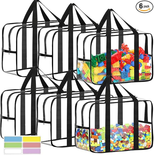 6 Packs XXL Toy Storage Bags 16.5×11.8×6.8In with Labels, Large Capacity Reusable Clear PVC Board Game Storage, Travel Waterproof Organizer Bags with Zipper by OPELETNNT