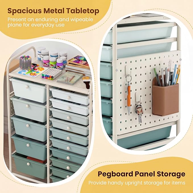 DREAMADE 15-Drawer Rolling Storage Cart, Craft Cart, Gradient Green | Mobile Utility Cart with Metal Pegboard Panels, Tabletop and Lockable Wheels for Classroom, Office, Studio and Playroom - Image 5