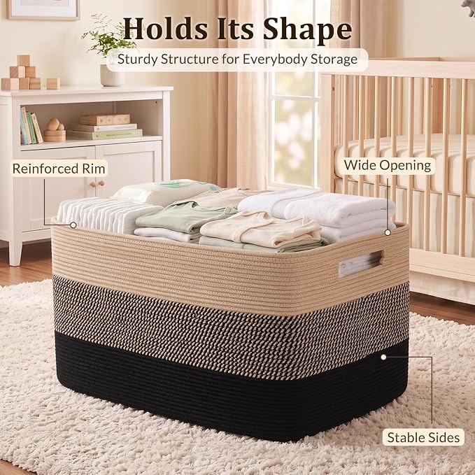 OIAHOMY 108L Extra Large Blanket Basket Dog Toy Basket Yellow Black | Rectangle Woven Baskets for Storage Cotton Rope Basket For Living Room Toy Storage Blanket Storage Laundry Basket - Image 4