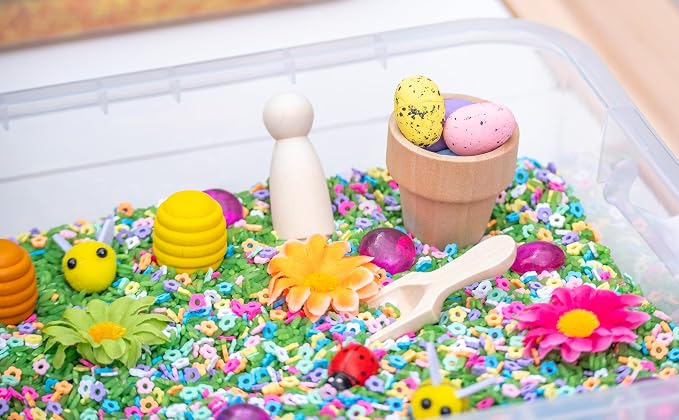 Spring Flower Sensory Bin Kit for Kids | Green Rice, Felt Bees, Wooden Eggs & Ladybugs, Floral Accessories & Wooden Tools – Includes Clear Storage Bin - Image 7