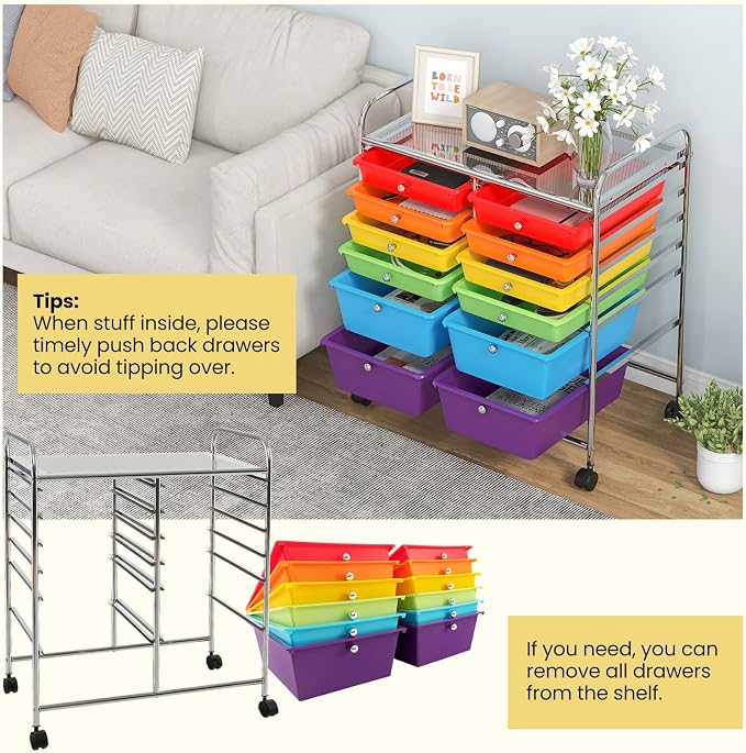 12 Drawer Rolling Storage Cart, Craft Cart Organizer on Wheels w/Metal Frame, Large Capacity & Smooth Drawer, Rolling Cart w/Drawers for Classroom, Office - Image 5