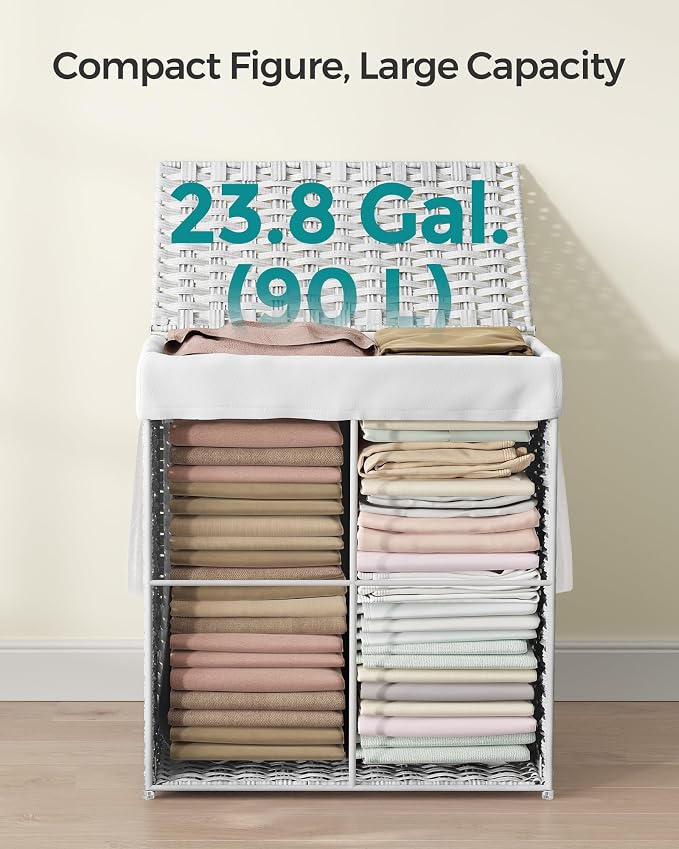 SONGMICS Laundry Hamper with Lid, 23.8 Gal (90 L) Synthetic Rattan,Foldable | Clothes Laundry Basket with Handles, Removable Liner, Cloud White, ELIOTT Collection ULCB165W01 - Image 5