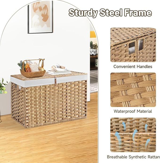 240L Wicker Storage Basket with Lid, Handwoven Rattan Large Shelf Basket with Removable Liner, 47.6 Gallon Wicker Basket for Blanket, Storage Trunk with Handle for Closet, Bedroom, Livingroom, Natural - Image 6