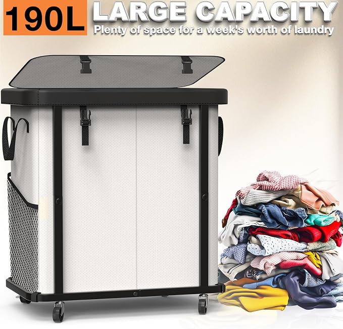 Laundry Basket with Wheels,190L (50 Gal) Laundry Hamper 2 Setion - Beige | Leather Patchwork,Sturdy Metal Frame, Removable Washable Bag, Tall Clothes Sorter for Bedroom, Laundry Room - Image 3