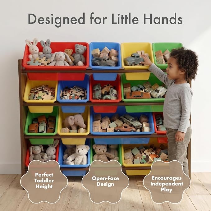 Humble Crew Kids Toy Organizer with 16 Bins, 4 Tier Storage for Playroom | Sturdy wood and steel toddler shelf, removable BPA-free containers, wall anchor anti-tip safety kit for bedroom or classroom - Image 3