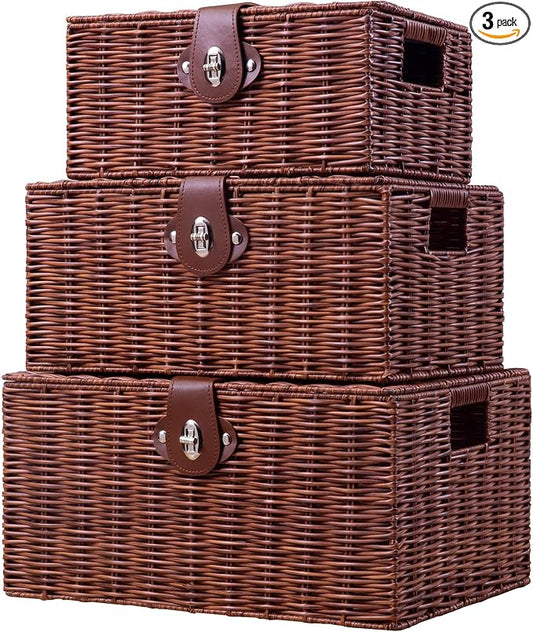 Set of 3 Woven Wicker Storage Basket Box with Lids & Lock, Built-in Carry Handles, Multifunctional Storage Organizer for Nursery, Baby, Toys, CLoset, DVD Large/Medium/Small Size (Natural) by Homepeaz