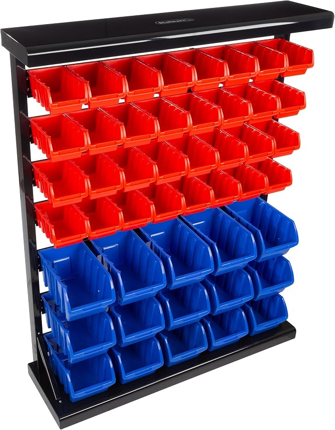 47-Bin Garage Organization Rack (15 Large, 32 Small) - Tabletop or Wall Mount Steel Rack with Removable Stackable Garage Storage Bins, Small Parts Organizer for Hardware or Office Supplies by Stalwart by Stalwart