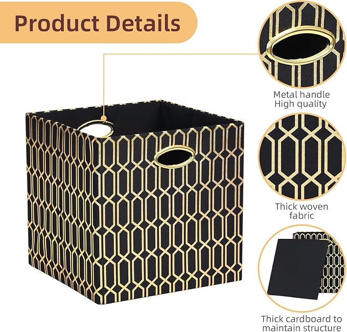 Posprica 11x11x11 Foldable Fabric Storage Cube Organizer Bins Cubby Baskets | Fabric Cubes 11×11 Collapsible Box with Handles Black Gold Geometric Pattern, 4 Pack - Image 3