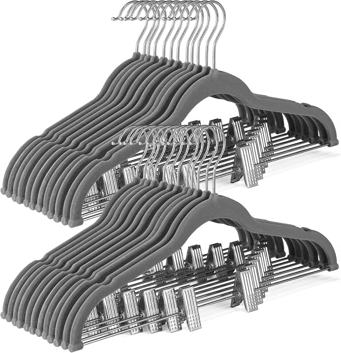 HOUSE DAY Velvet Skirt Hangers 24 Pack, Hangers with Adjustable Clips- Gray | 0-15inch Movable Clips, Space Saving Slim Velvet Pant Hanger, Heavy Duty Non Slip Clips Hanger for Pants, Skirts, Shorts by HOUSEDAY
