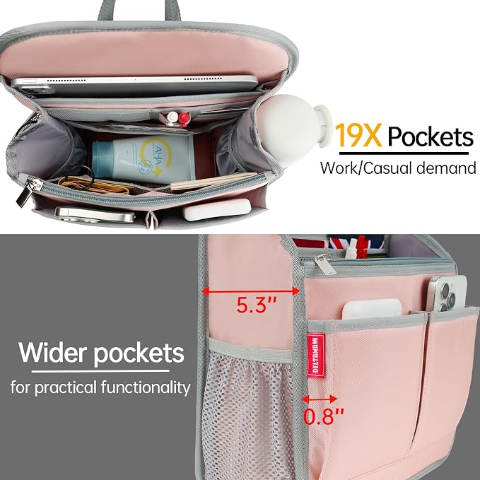 Large Premium Wider Rugged Backpack Organizer Insert for Men Women Work Travel -19 Pockets, Padded Nylon-Pink - Image 6