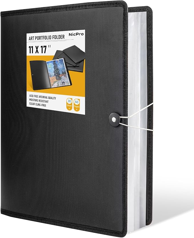 Nicpro 11"x17" Art Portfolio, 30 Pockets Display 60 Pages Art Portfolio Folder with Clear Plastic Sleeves, Artwork Storage Presentation Book for Artists, Painting Carrier Case by Nicpro