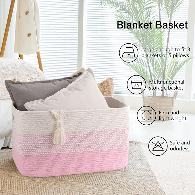 OIAHOMY Blanket Basket Laundry Basket Dog Toy Basket 75L Pink/White | Large Storage Basket,Baby Basket,Toy Storage,Woven Rope Basket for Blankets,Blanket Storage for Living Room - Image 6