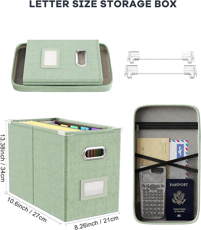 Hanging Filing File Box with Mesh Pocket, File Organizer Box with Lid, Collapsible Document Organizer Box for Letter Size, Easy Slide Durable Storage Box for Office/Decor/Home (2 PCS, Green) - Image 2