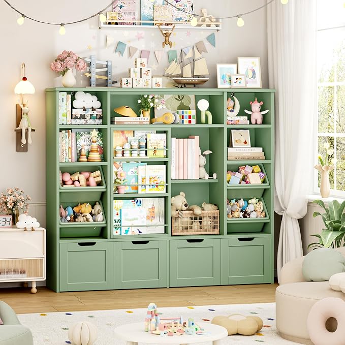 Toy Storage with Sliding Bookshelf, Toy Organizer with 4 Bins | 55.1’’ W Large Toy Storage Organizer Kids Bookshelf with 4 Movable Drawers, Toy Bins Playroom Storage for Kid Room, Green - Image 5