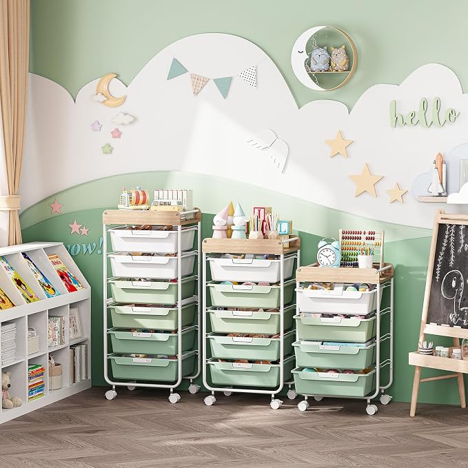 SYKIARIOL Rolling Storage Utility Cart with 5 Drawers,Green | Craft Cart with Wheels,Makeup Organizer,Art Supply And Storage Wooden Tabletop - Image 9