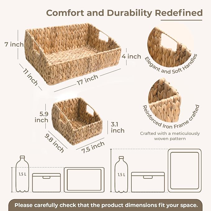 KOKODO Rectangular Wicker Storage Baskets for Shelves, Set of 3 Water Hyacinth Woven Bins with Handles, Open Front Pantry Shelf Organizer for Closet, Bedroom, Boho Decorative, Natural - Image 2