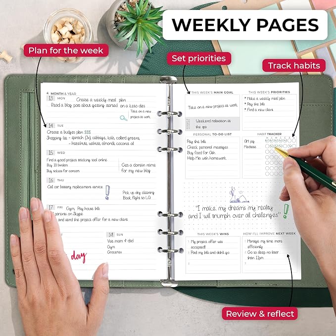Clever Fox Weekly Planner Binder, Undated Daily A5 Eco Leather Cypress | 7 x 10 in with A5 pages, mini 3 ring portfolio organizer, work time manager, day runner, agenda book with monthly calendars - Image 3