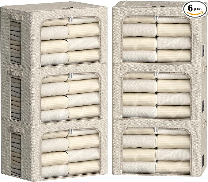 FHSQX 6 Pack Clothes Storage Bins with Metal Frame Foldable Storage Bins for Clothes Linen Fabric Storage Box with Clear Window (Beige, 15.7x11.8x7.8inch(22L)) by FHSQX