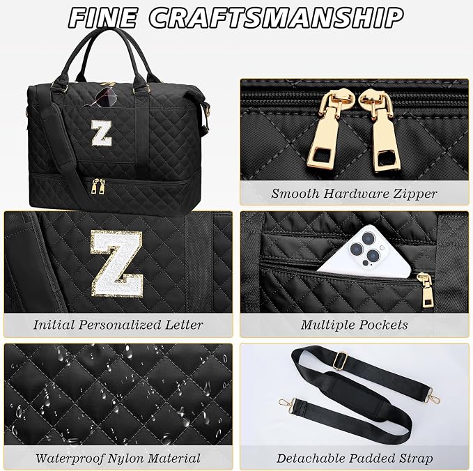 Personalized Letter Travel Bags with Makeup Bag(Black,Z) | Hospital Bag for Women Labor Delivery with Toiletry Bag-Overnight Gym Bag with Shoe Compartment - Image 6