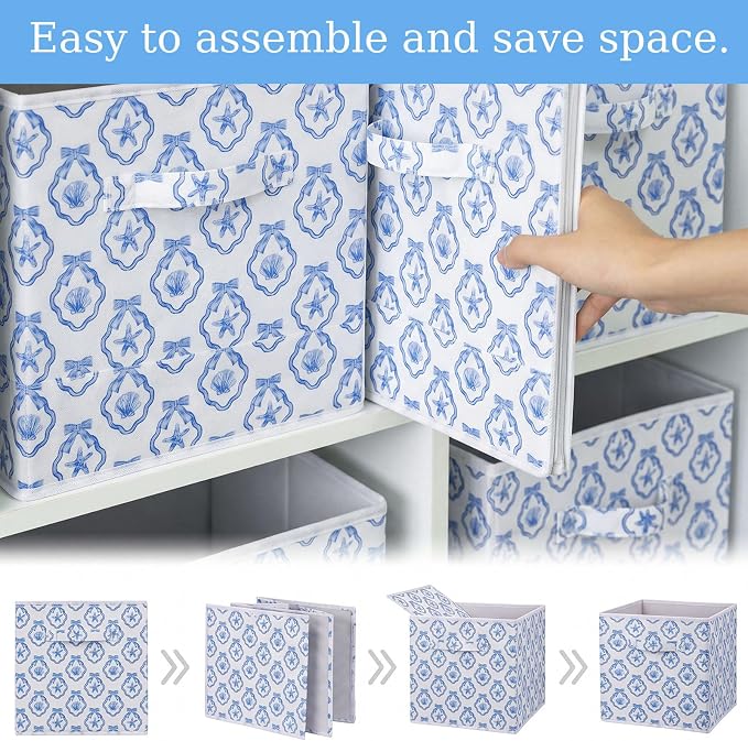 6 Pcs Blue Bow Seashell Storage Bins 11 Inch Summer Beach Storage Basket with Handle, Coastal Organizer Basket, Ocean Collapsible Fabric Box for Classroom Bedrooms Office Home Decoration Gift - Image 3