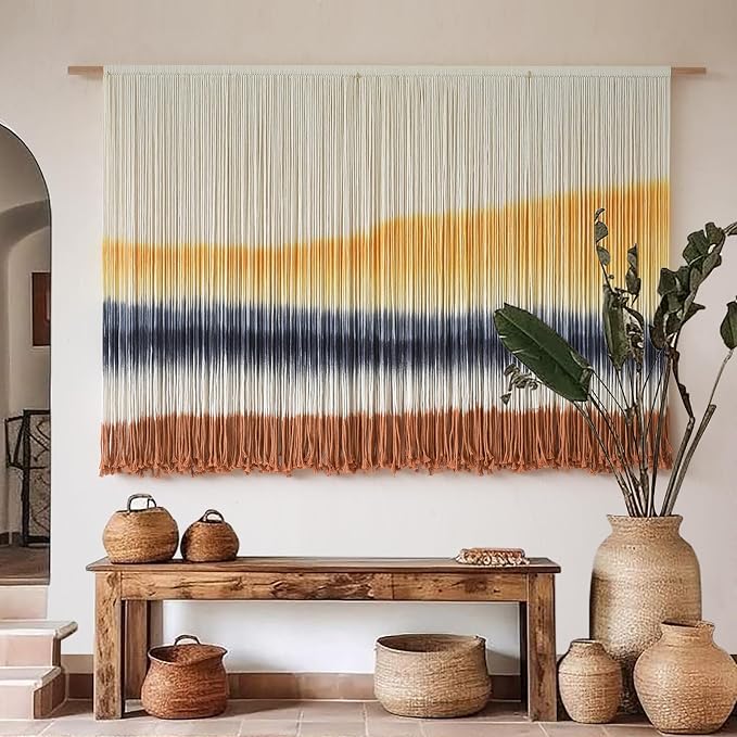 Flber Macrame Wall Hanging Extra Large Dip Dye Boho Wall Decor 57" W*35" L | Extra Large Wall Hanging, Hand Dyed Fiber Art, Gradient Color Design, for Living Room, Boho Decor, Cozy Home Accent - Image 2