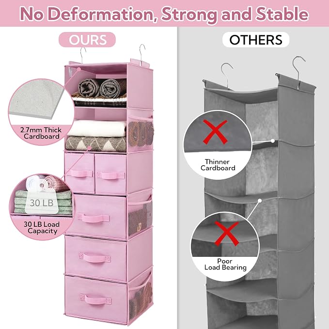 GRANNY SAYS Hanging Closet Organizer, 5 Drawers, 6 Shelves, 6 Pockets, Pink | Hanging Closet Organizer with 5 Different Drawer Designs, 6 Shelves & Reinforced Structure for Organized Small Spaces - Image 6