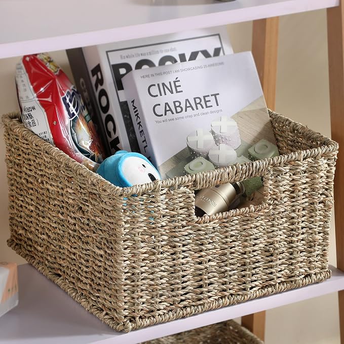 HOONEX Wicker Storage Baskets for Organizing, Decorative Woven Seagrass Baskets for Storage with Carrying Handles, Set of 2, Natural - Image 5