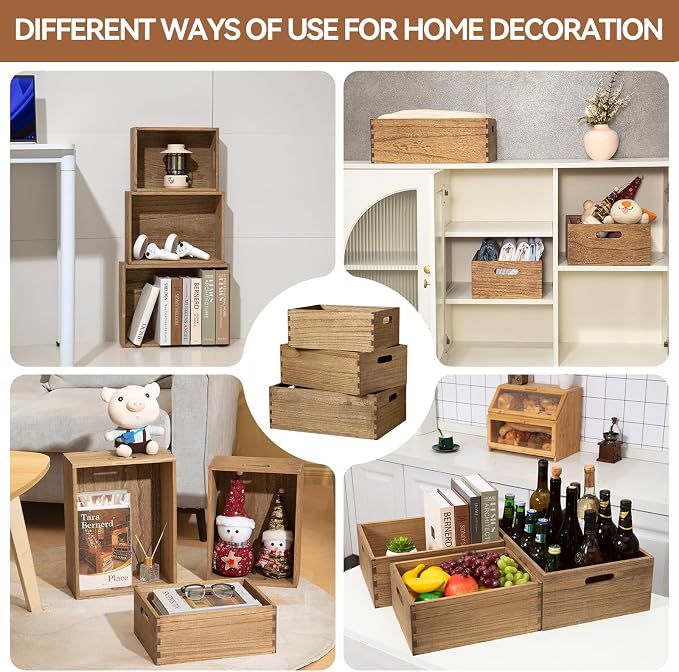 KIRIGEN Nesting Wood Crates with Handles, Set of 3 Storage Boxes Brown | 3 Different Size Decorative Box Organizer for Towels, Books, Crafts Fully Assembled - Image 5