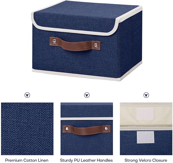 ANMINY Fabric Storage Box Bins with Lids, Blue, 10"x8"x7" | Keepsake Memory Storage, Cotton Linen, PP Board Reinforced, Washable, PU Handles, Foldable & Stackable, Decorative, Small - Image 3