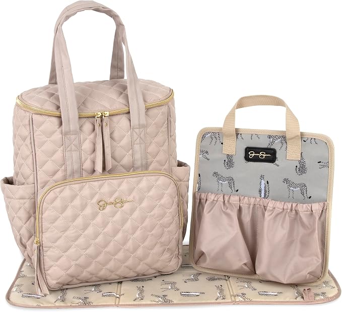 Jessica Simpson Quilted Diaper Bag Backpack with Insulated Pockets, Portable Changing Pad, Stroller Straps, Organizer Insert 3 Pc. Set (Khaki) by JessicaSimpson