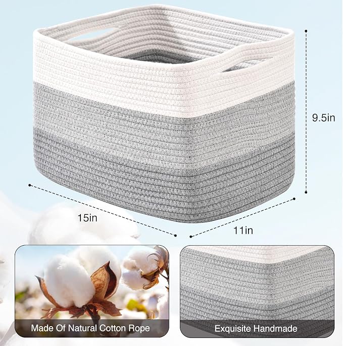 ICERZCZ Storage Baskets for Organizing Shelves, Woven Cotton Rope Baskets for Storage Books Towels Toys, Organizing Baskets, Toy Basket for Nursery Bathroom, 15"x11"x9.5", 3 Packs, Gradient Grey - Image 3