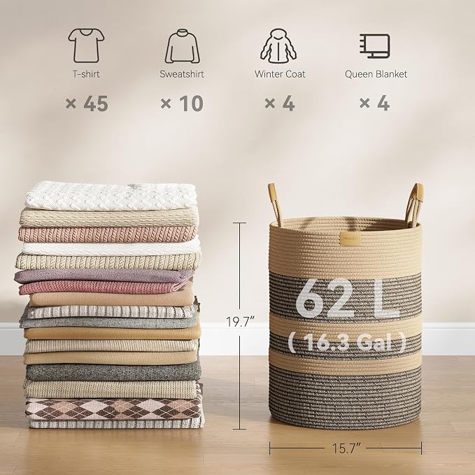 Nunsino 62L Striped Laundry Hamper with Leather Handles,Large Foldable Laundry Basket for Clothes,Cotton Rope Storage Bin for Blankets,Woven Clothes Basket for Bedroom,Dark Brown Stripes - Image 4
