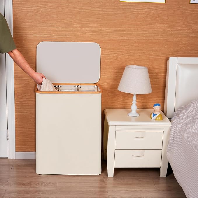 efluky Laundry Hamper with Lid, Trio Laundry Basket with 2 Removable Bags, 3 Section Laundry Bin with Bamboo Handles for Bathroom, Bedroom & Laundry Room, 160L (42.3 Gallon) Beige - Image 5