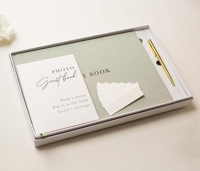 Real Linen Guest Book Set - 11.5 x 8.5 Embossed Guestbook for Weddings, Showers, Events, Blank & Lined, Comes with Sign, Pen, Box and Photo Sleeves, 120 Pages (Leaf) - Image 6