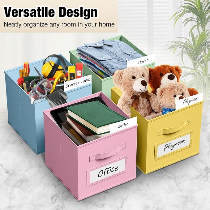 Teenyyou 10 Pack Fabric Storage Cubes 11 Inch Collapsible Cube Bins with Label Window & Handle Foldable Organizers Baskets for Shelf Closet Nursery Kids Room Clothes Book Toy(Macaroon) - Image 4